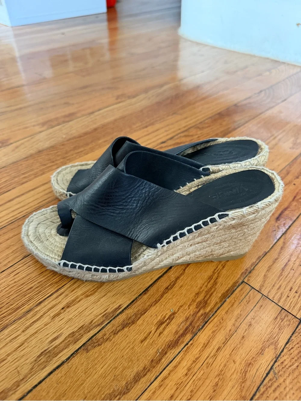 Vince Black Leather Espadrille Wedge Slides with Braided Jute Sole